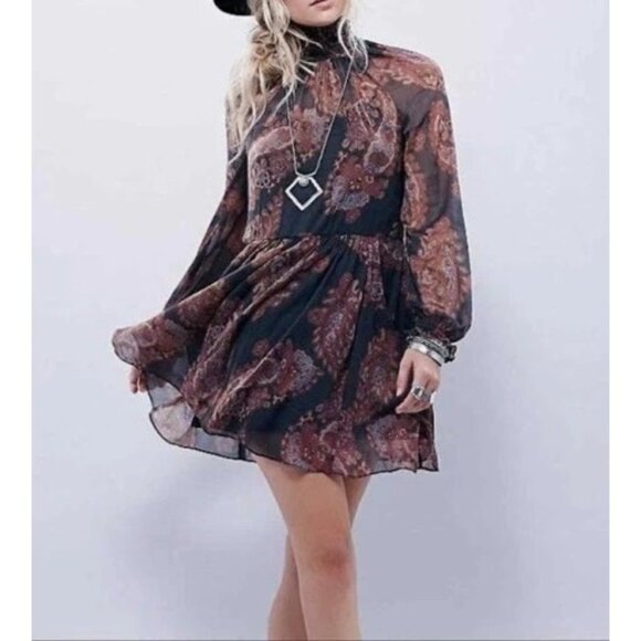 Free People Women's Forget Me Not Sheer Short Paisley Dress Size Large Bohemian - Picture 2 of 9
